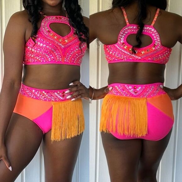 Glamour dance solo costume neon orange fringe rhinestone 2 piece LC-large child - Picture 1 of 10